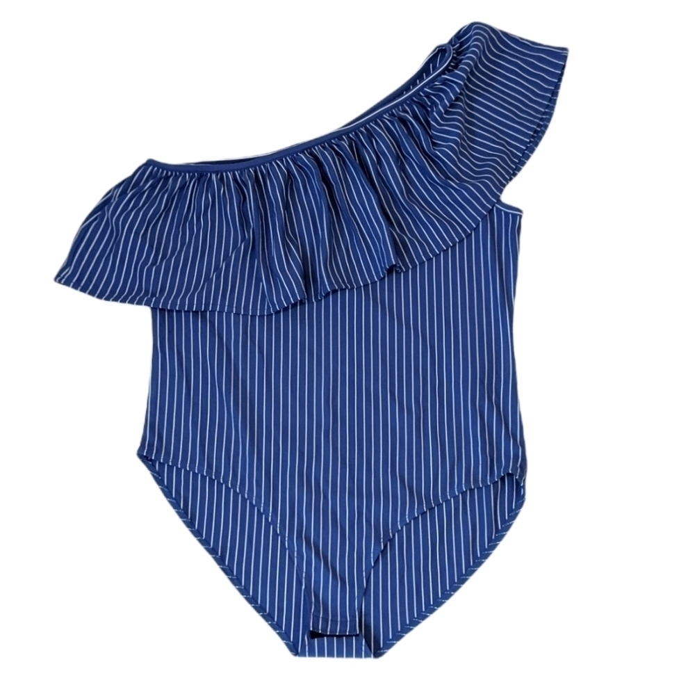 MARK. Blue Striped Ruffle Asymmetrical Bodysuit Large Avon